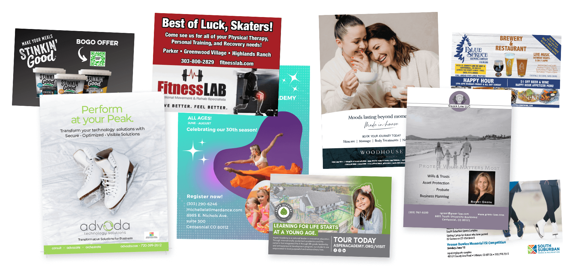 A collage of business ads