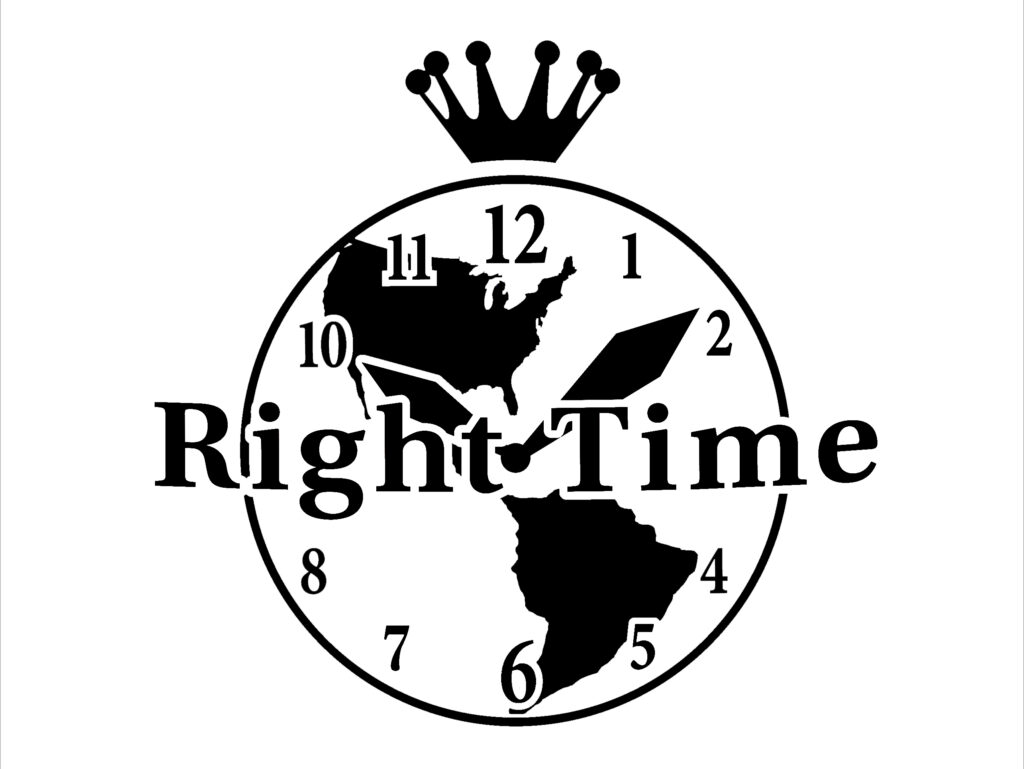 Clock with continents and crown logo.